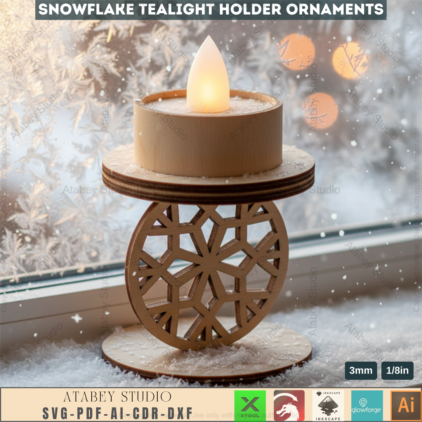 Winter Snowflake Tea Light Holder Set | Wooden Laser Cut Candle Stand Pattern | Christmas Ornament DIY Digital Craft Files 963