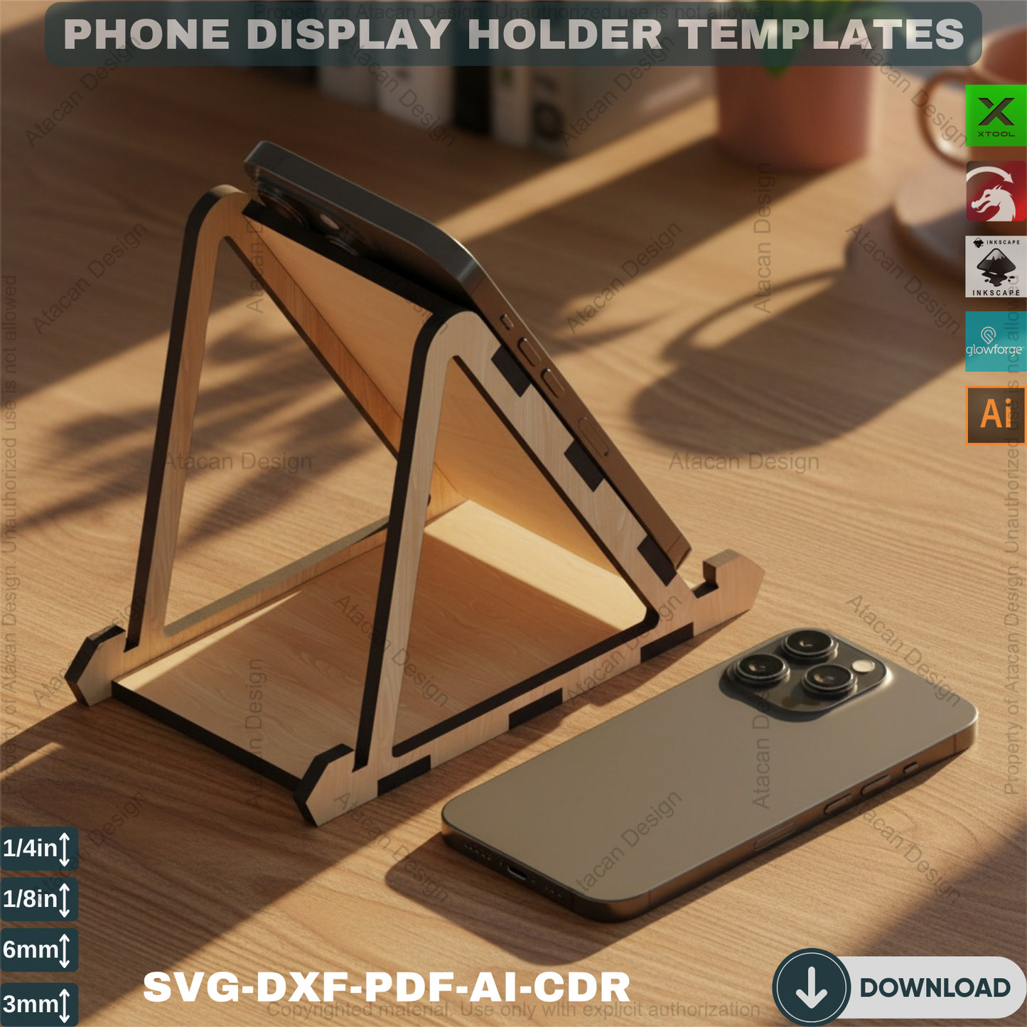 Laser Cut Phone Stand Plan,Wooden Phone Stand Laser Plan Modern Cell Phone Holder for Desk Adjustable Thickness Design Digital Download 108