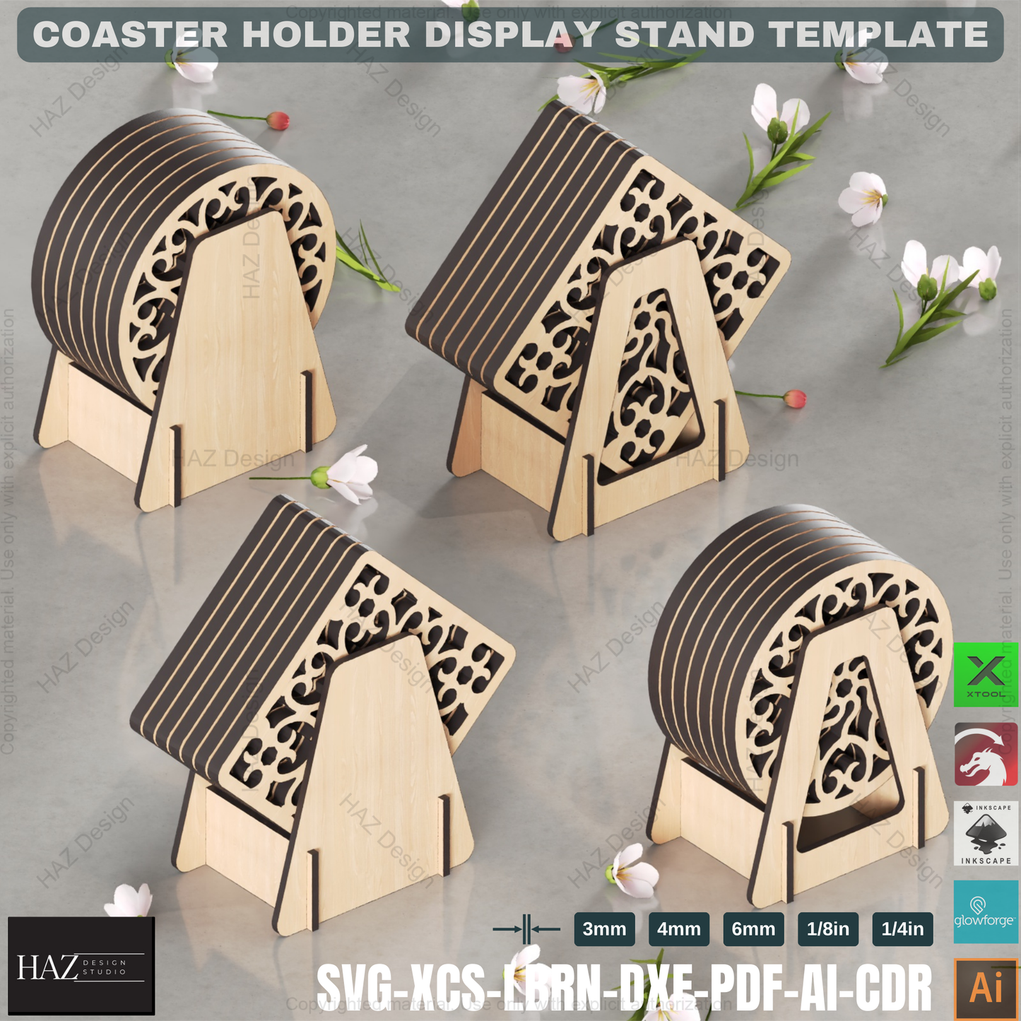 Laser Cut Coaster Caddie: Wooden Round & Square Designs,Coaster Holder SVG: Digital File for Laser Cutting, 5 Thicknesses 430