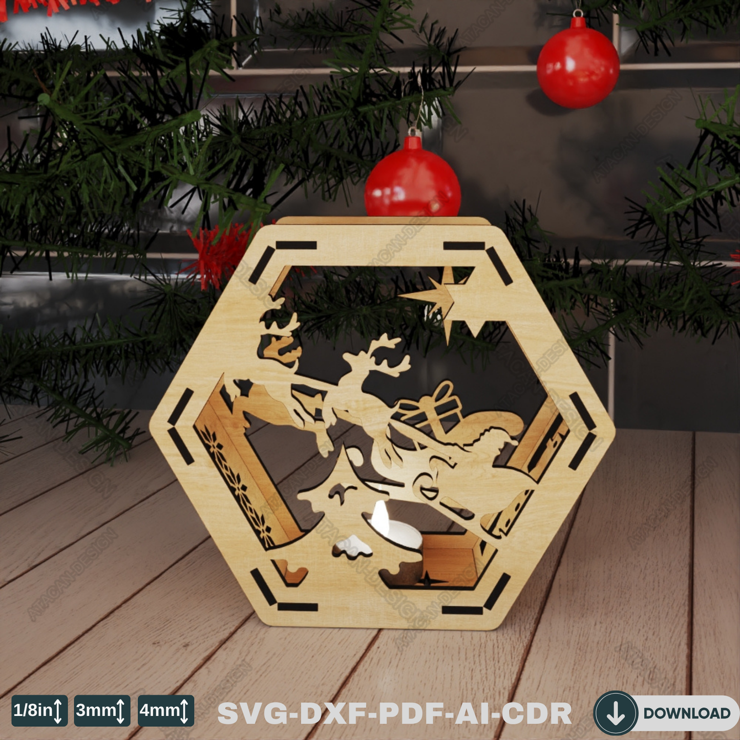 Christmas Hexagon Lantern - Laser Cut Wooden Candle Holder with Snowy Holiday Scenes 768