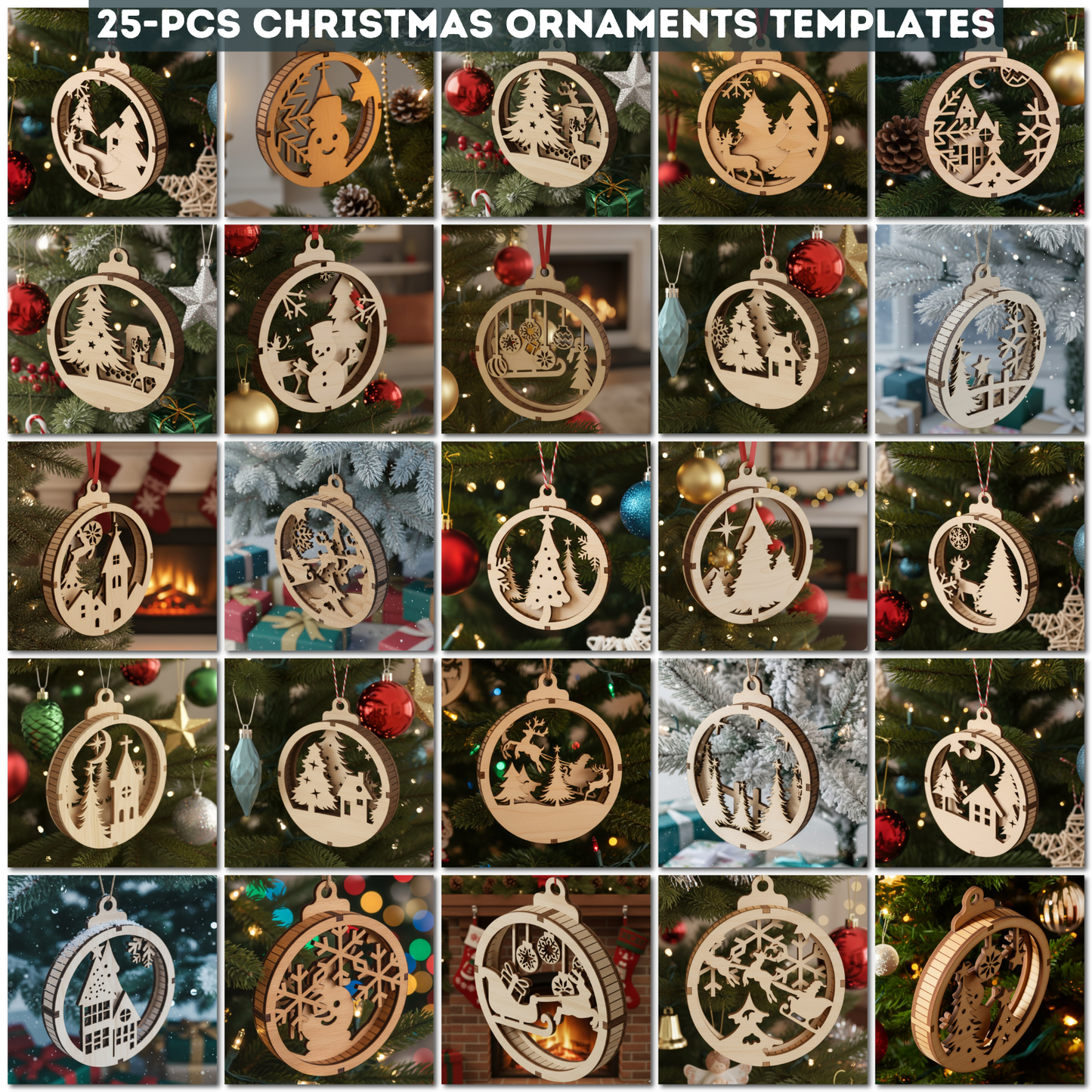 25 Christmas Ornament Templates for Laser Cutting | Round Xmas Bauble Designs | Holiday Tree Hanging Decor Craft Pattern