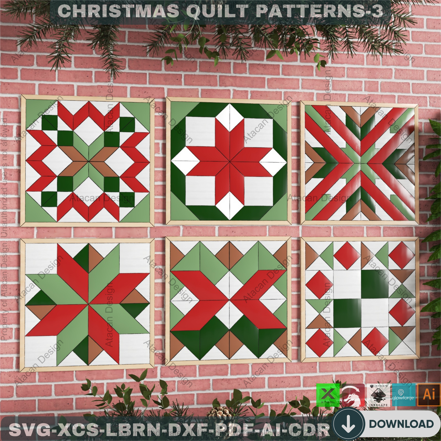 Holiday Barn Quilt SVG Pack, Christmas Wood Block Pattern for Laser Cutting, Farmhouse Winter Wall Art, DIY Festive Sign Files 892