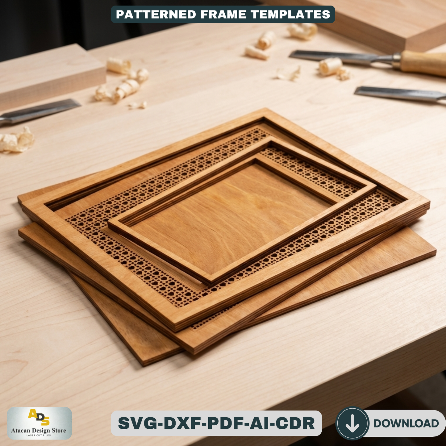 Floral Patterned Wood Photo Frame Designs - Rattan Cane Frame Laser Cut Set 449