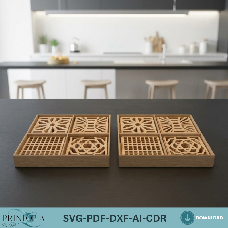 Geometric Laser Cut Coaster Set with Storage Box Patterned Wood Coaster Designs