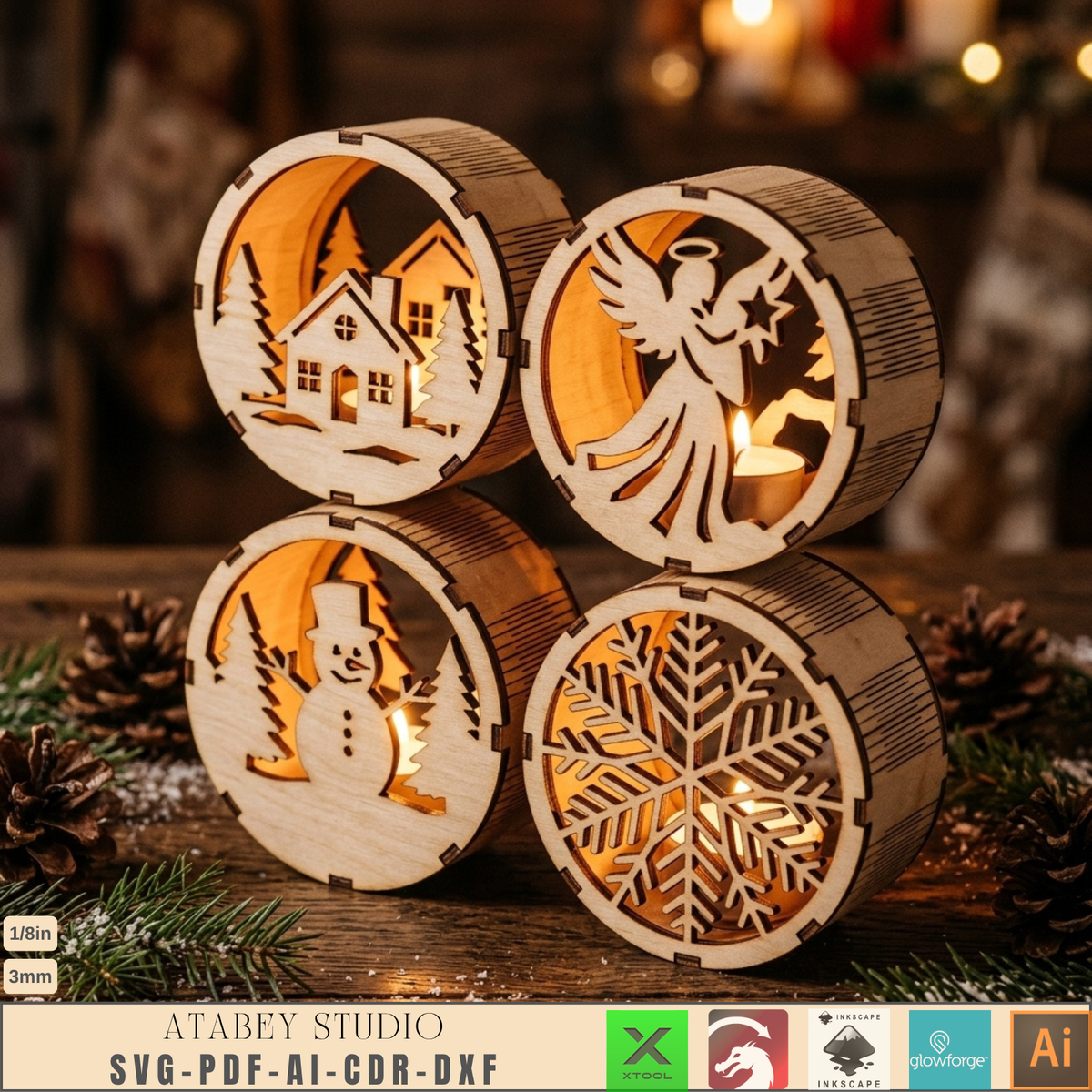 3D Christmas Light Box Laser Cut Files, Wood Holiday Lantern Candle Holder Template 1033