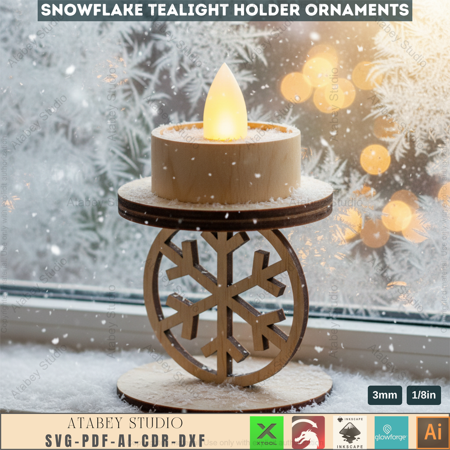 Winter Snowflake Tea Light Holder Set | Wooden Laser Cut Candle Stand Pattern | Christmas Ornament DIY Digital Craft Files 963