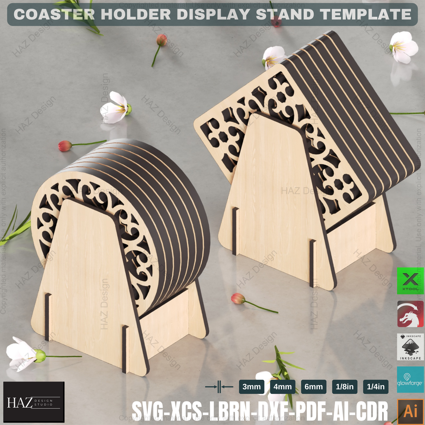 Laser Cut Coaster Caddie: Wooden Round & Square Designs,Coaster Holder SVG: Digital File for Laser Cutting, 5 Thicknesses 430