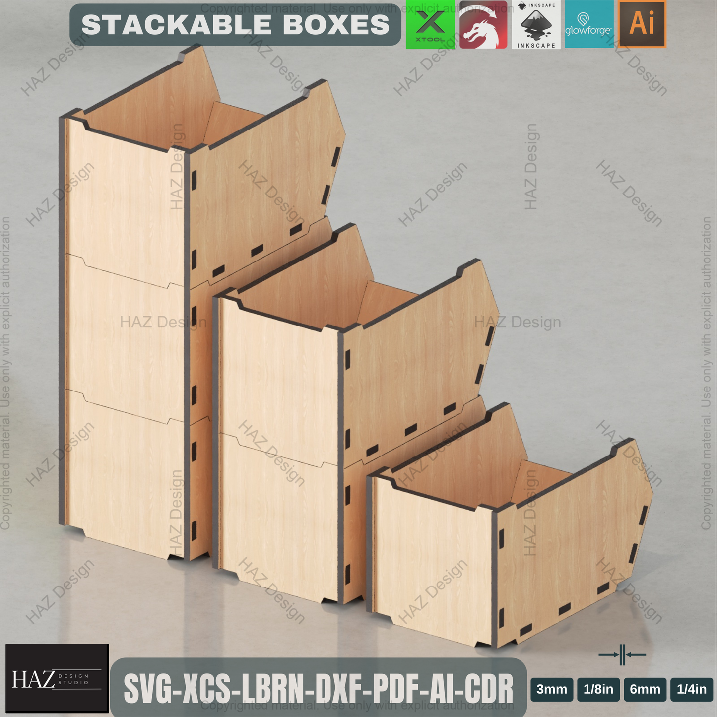 Laser Cut Stackable Storage Box Template | 3 Sizes | DIY Wooden Organizer Plan,DIY Multi-Size Stackable Bins | Laser Cut Files for Workshop & Office Storage 451