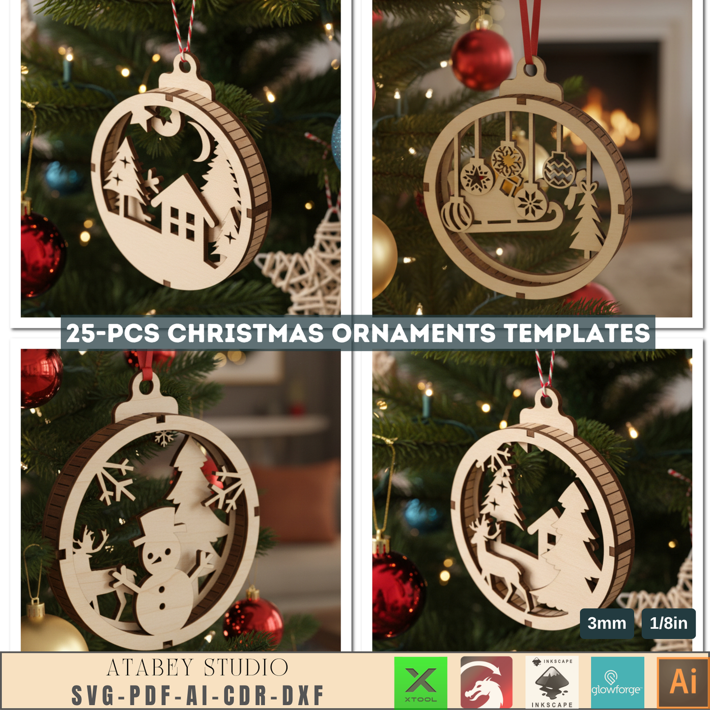 25 Christmas Ornament Templates for Laser Cutting | Round Xmas Bauble Designs | Holiday Tree Hanging Decor Craft Pattern