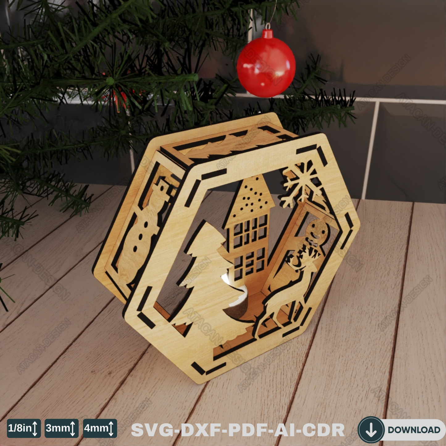 Christmas Hexagon Lantern - Laser Cut Wooden Candle Holder with Snowy Holiday Scenes 768