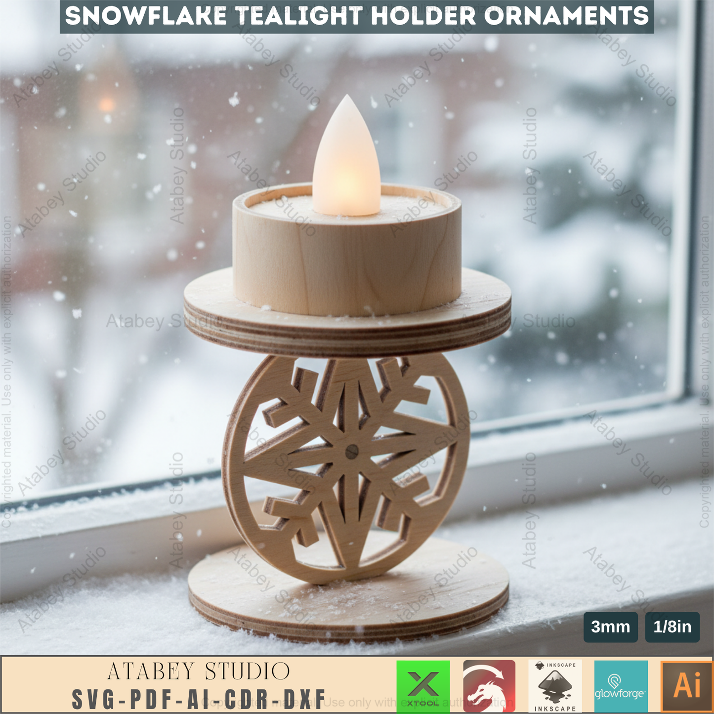 Winter Snowflake Tea Light Holder Set | Wooden Laser Cut Candle Stand Pattern | Christmas Ornament DIY Digital Craft Files 963