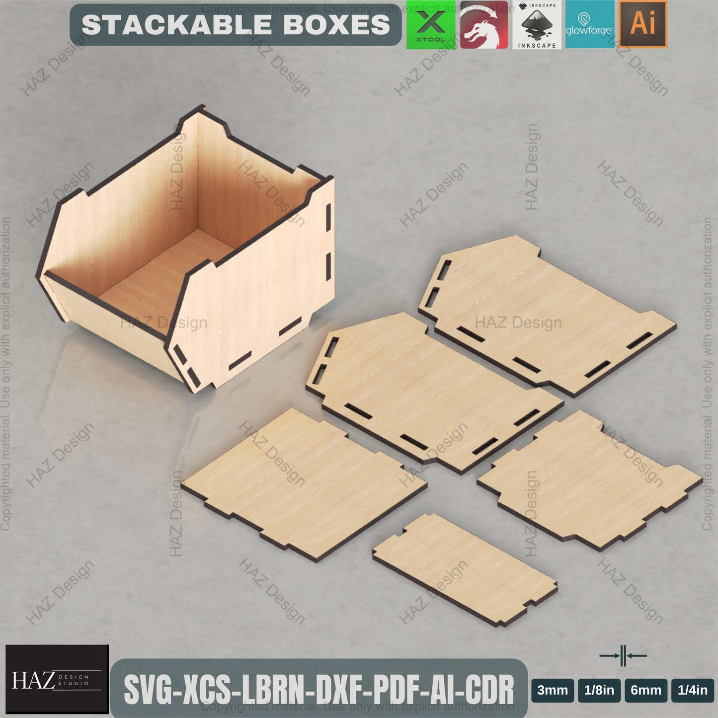 Laser Cut Stackable Storage Box Template | 3 Sizes | DIY Wooden Organizer Plan,DIY Multi-Size Stackable Bins | Laser Cut Files for Workshop & Office Storage 451