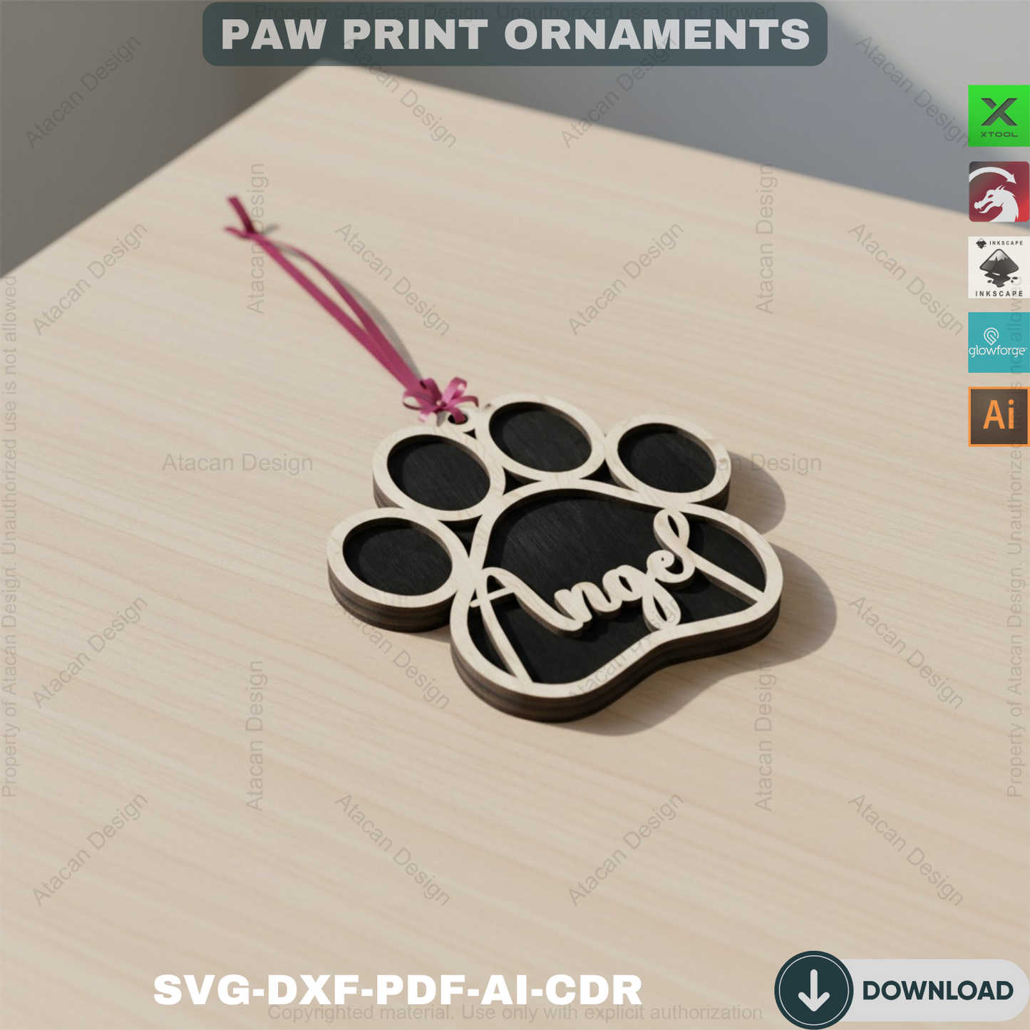 Personalized Dog Paw Ornament - Custom Wooden Pet Christmas Keepsake for Laser Cutting 809
