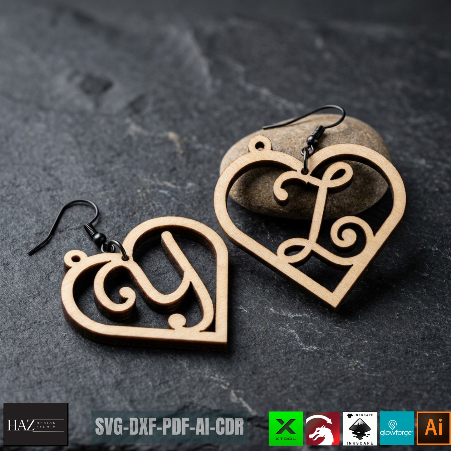 Heart Alphabet SVG Bundle Earrings and Keychains, Monogram A-Z Laser Cut, Plywood Jewelry Templates