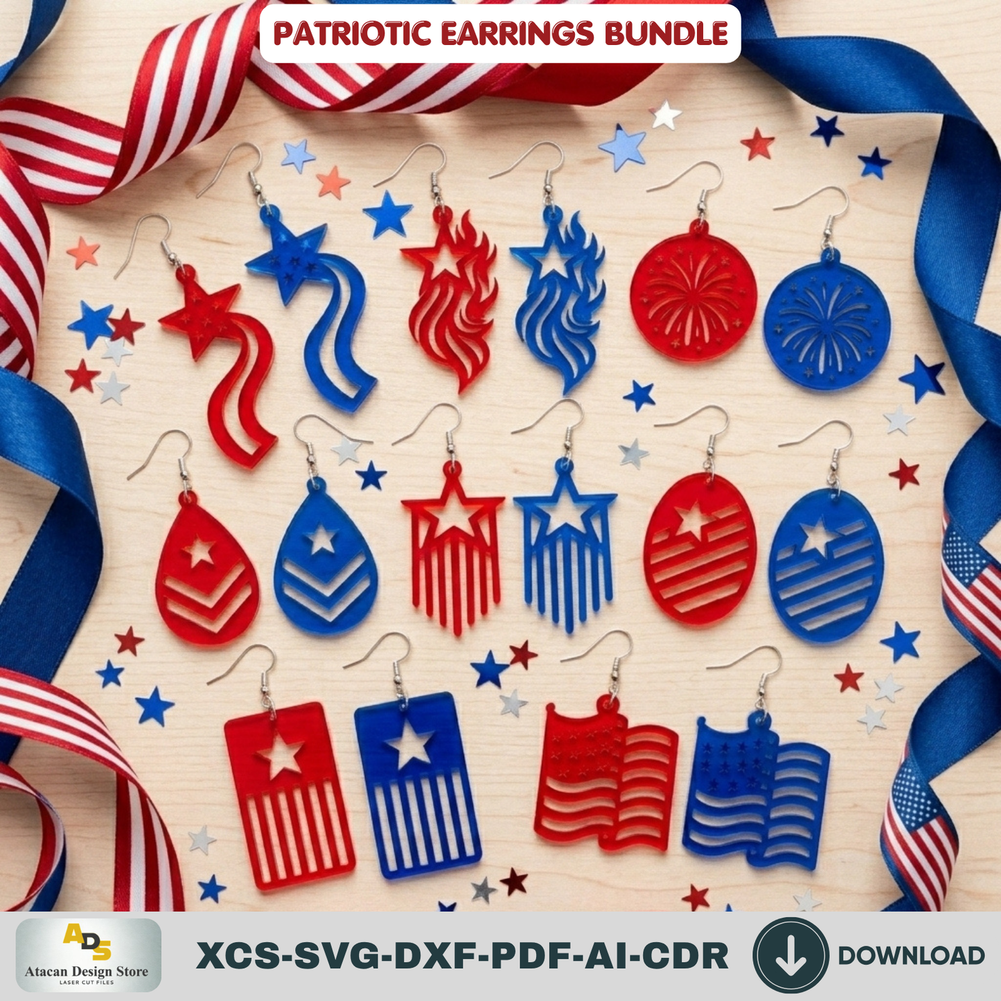 Patriotic Earring Laser Cut Template, USA Flag Star Jewelry Pattern, Independence Day Gift