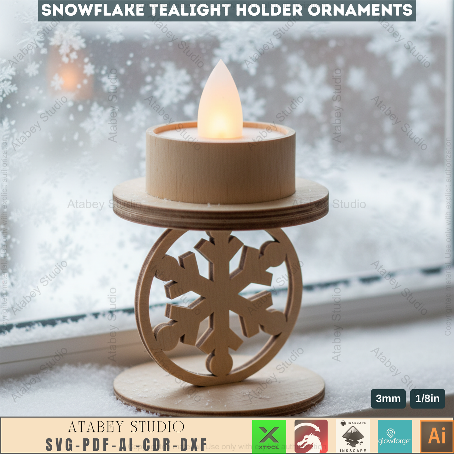Winter Snowflake Tea Light Holder Set | Wooden Laser Cut Candle Stand Pattern | Christmas Ornament DIY Digital Craft Files 963
