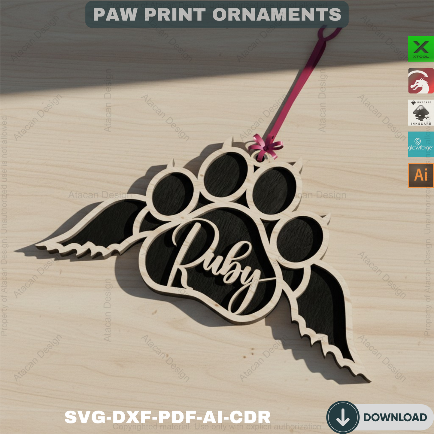 Personalized Dog Paw Ornament - Custom Wooden Pet Christmas Keepsake for Laser Cutting 809