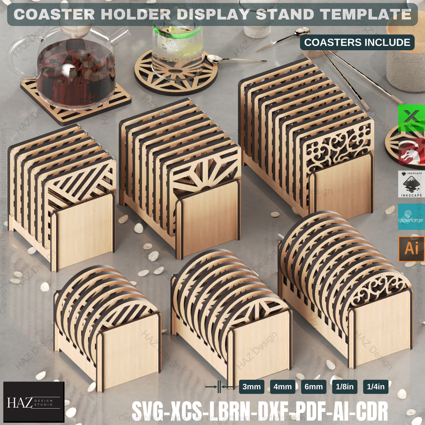 Laser Cut Coaster Set: 3 Holders + 6 Coaster Designs,Coaster Holder SVG Pack: Round & Square, Laser Ready 431