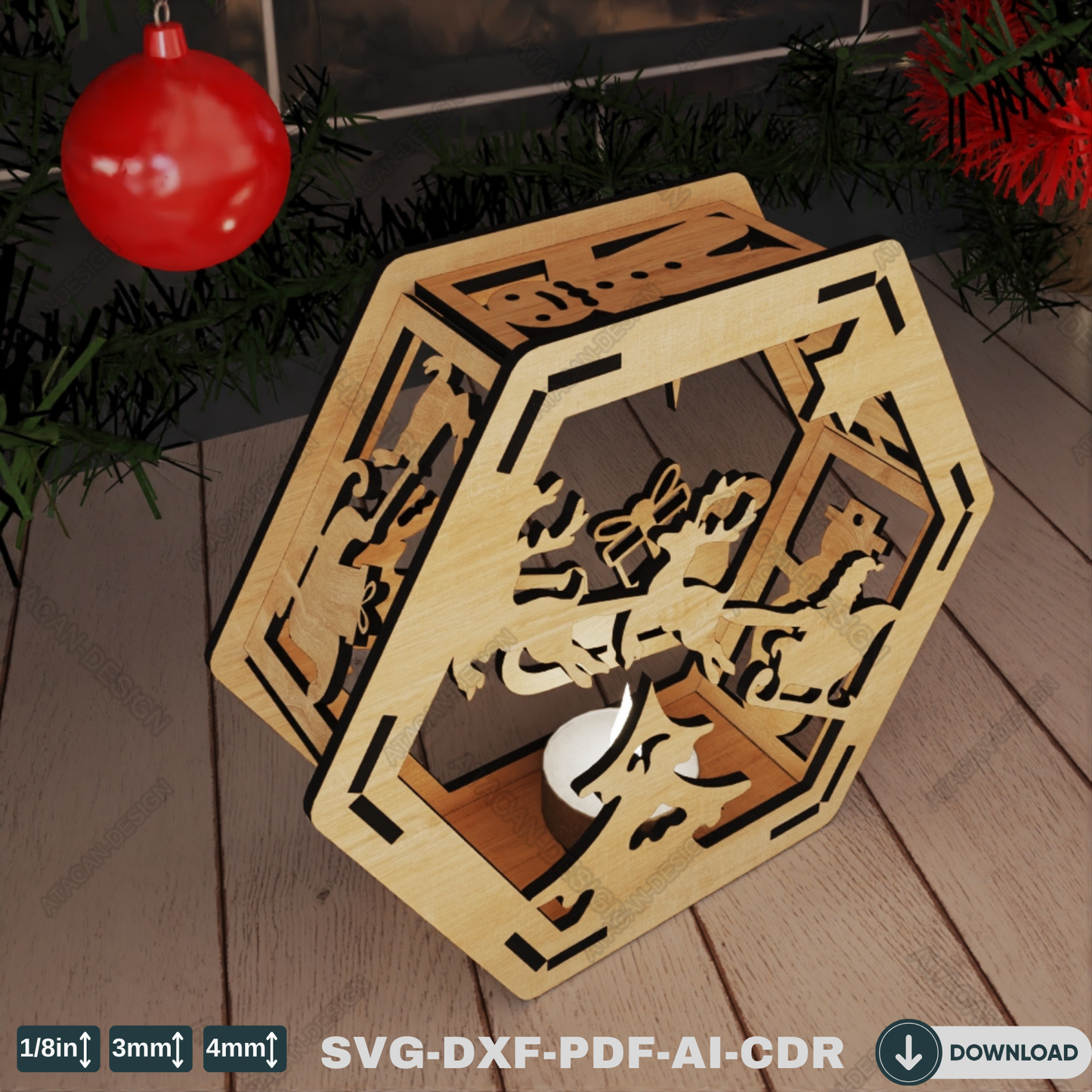 Christmas Hexagon Lantern - Laser Cut Wooden Candle Holder with Snowy Holiday Scenes 768