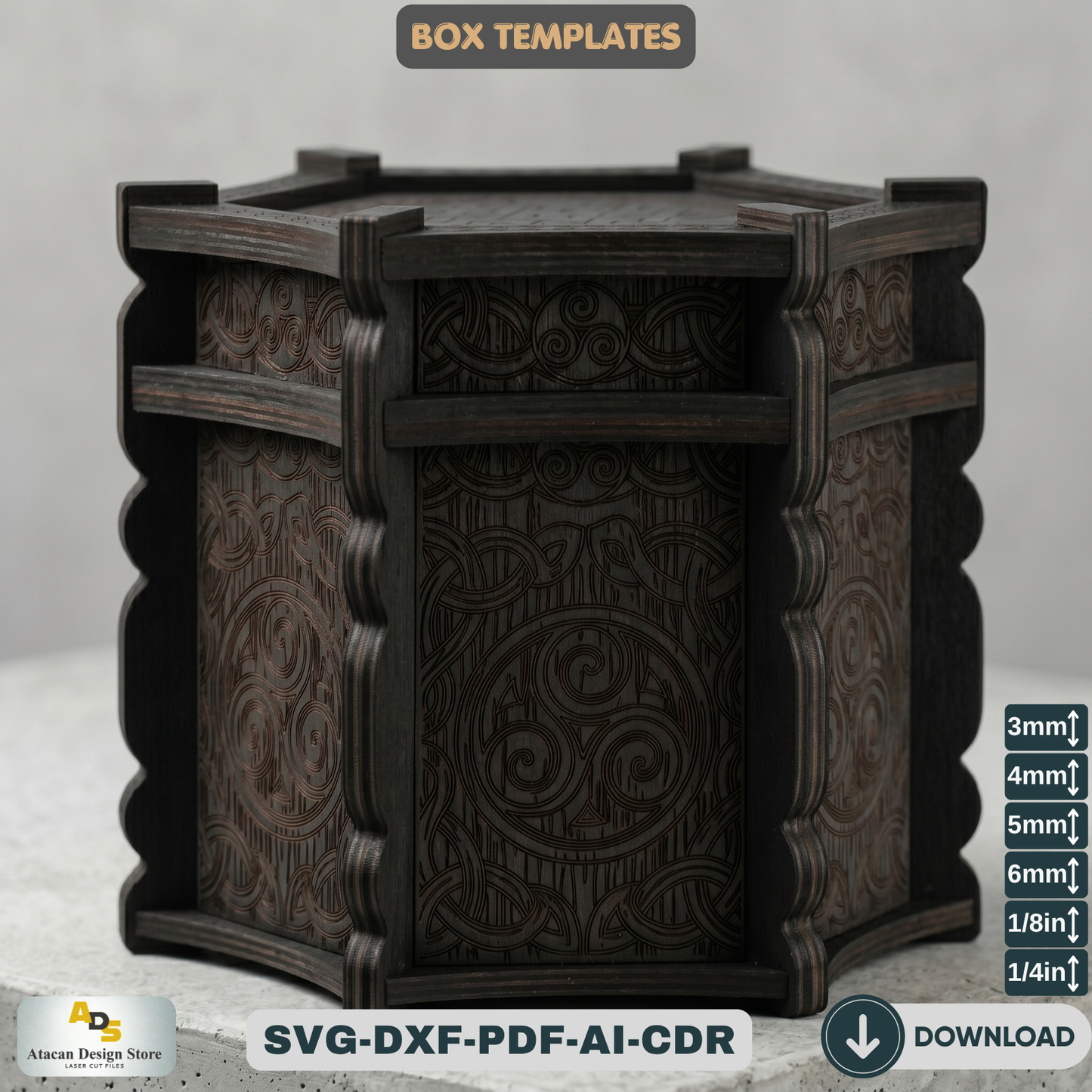 Celtic Hexagon Box Laser Cut File Mythical Jewelry Chest Pattern Wooden Trinket Box Template