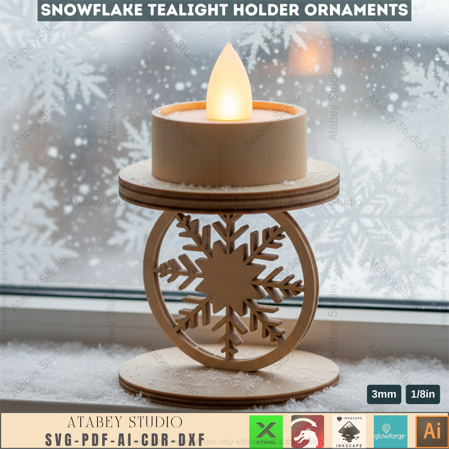 Winter Snowflake Tea Light Holder Set | Wooden Laser Cut Candle Stand Pattern | Christmas Ornament DIY Digital Craft Files 963