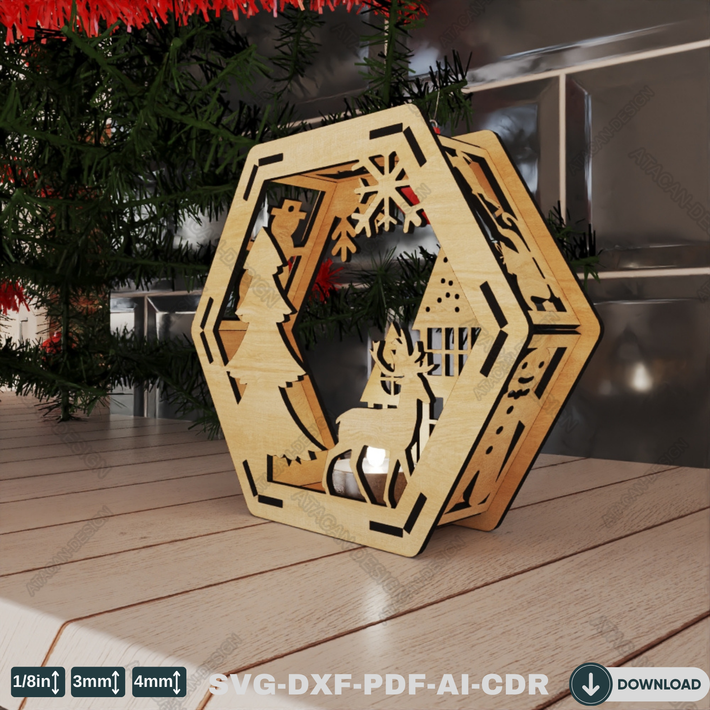 Christmas Hexagon Lantern - Laser Cut Wooden Candle Holder with Snowy Holiday Scenes 768