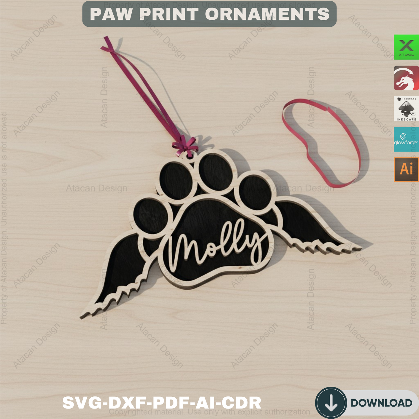 Personalized Dog Paw Ornament - Custom Wooden Pet Christmas Keepsake for Laser Cutting 809