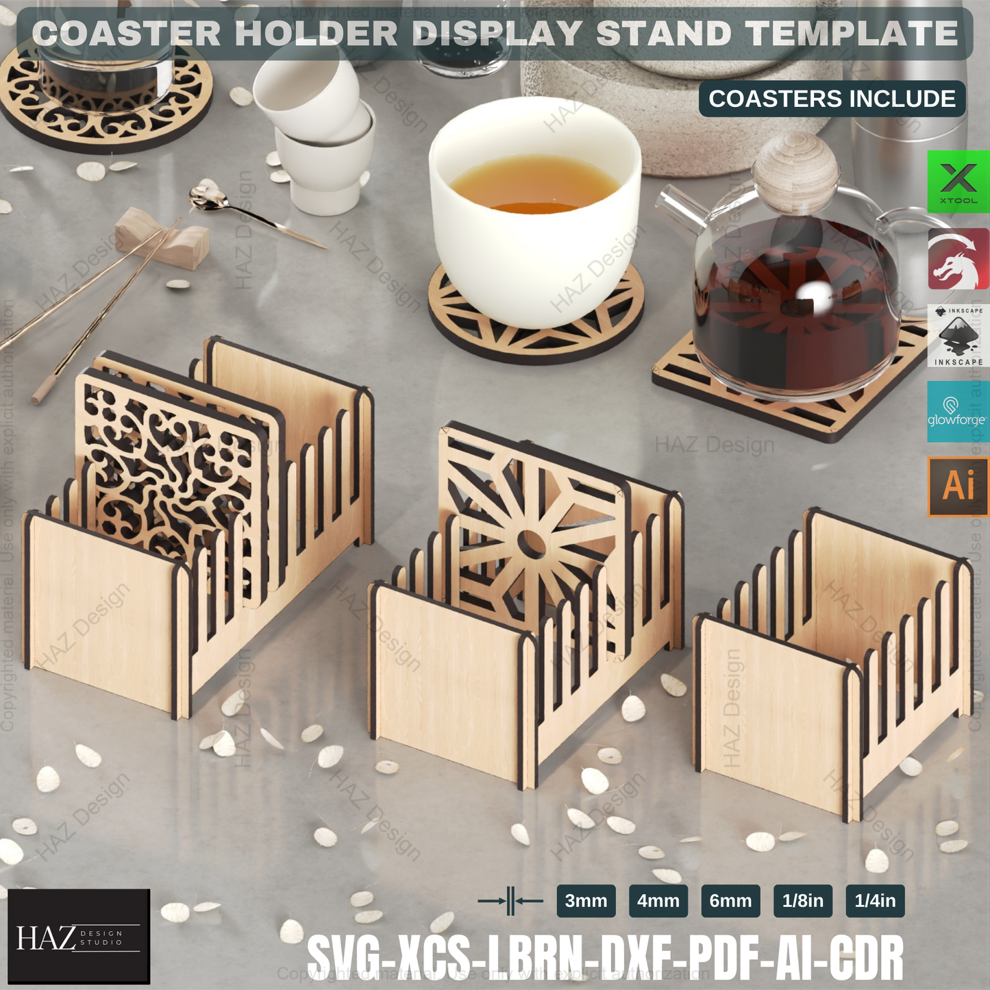Laser Cut Coaster Set: 3 Holders + 6 Coaster Designs,Coaster Holder SVG Pack: Round & Square, Laser Ready 431