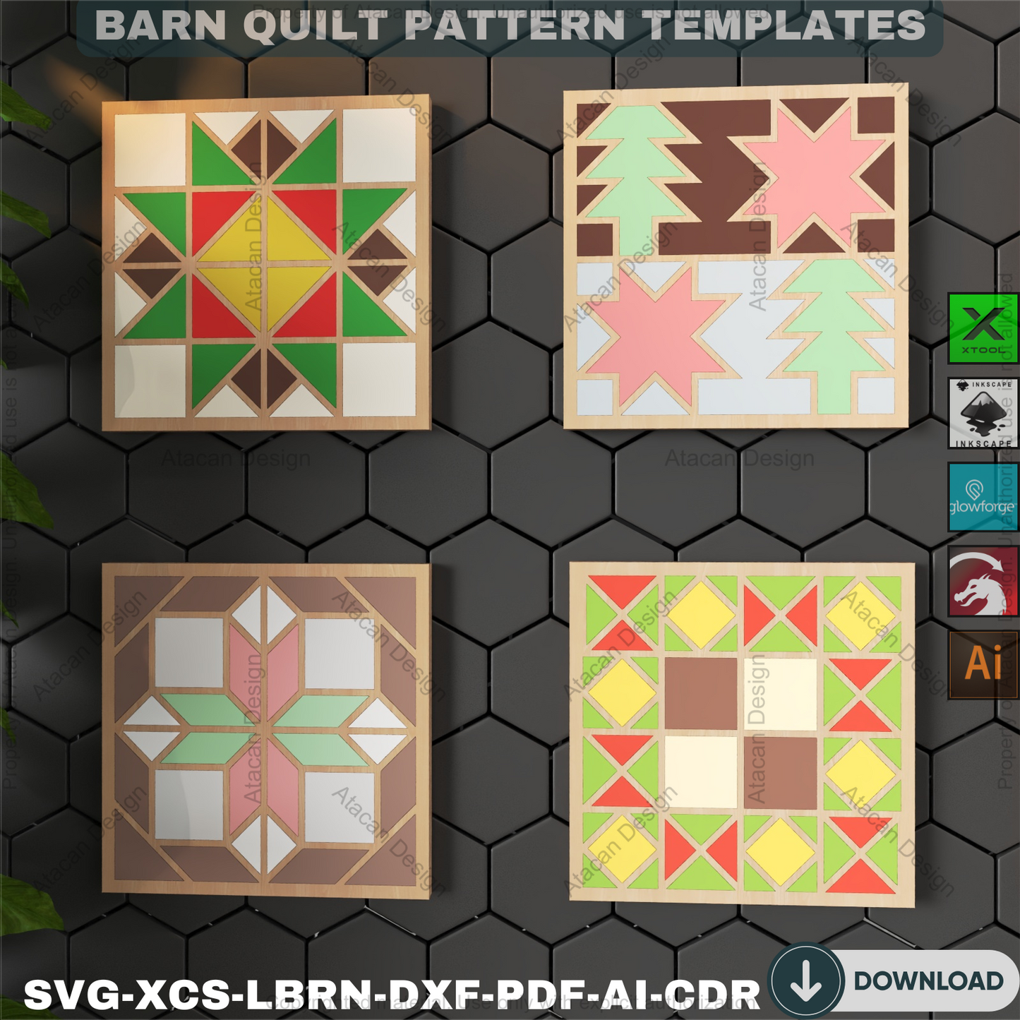 Cozy Barn Quilt Block Designs • Farmhouse Laser Cut Holiday Decor • Rustic Wall Art & Coaster SVG Templates • DIY Craft Bundle 895