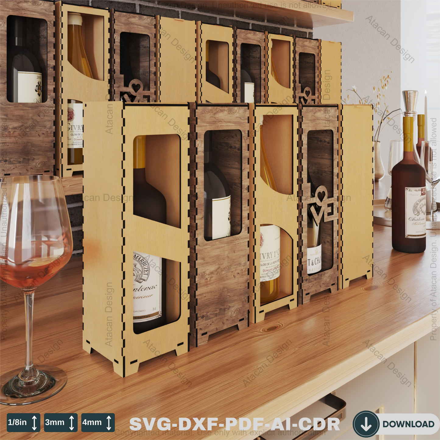 Laser Cut Wooden gift Box - Five Themed Wine Box Designs for Crafting Projects Elegant Wooden Wine Box 805