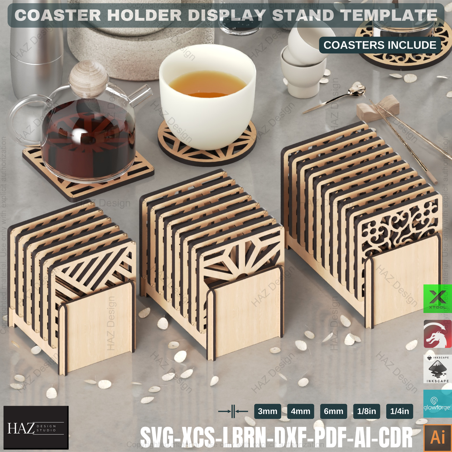 Laser Cut Coaster Set: 3 Holders + 6 Coaster Designs,Coaster Holder SVG Pack: Round & Square, Laser Ready 431