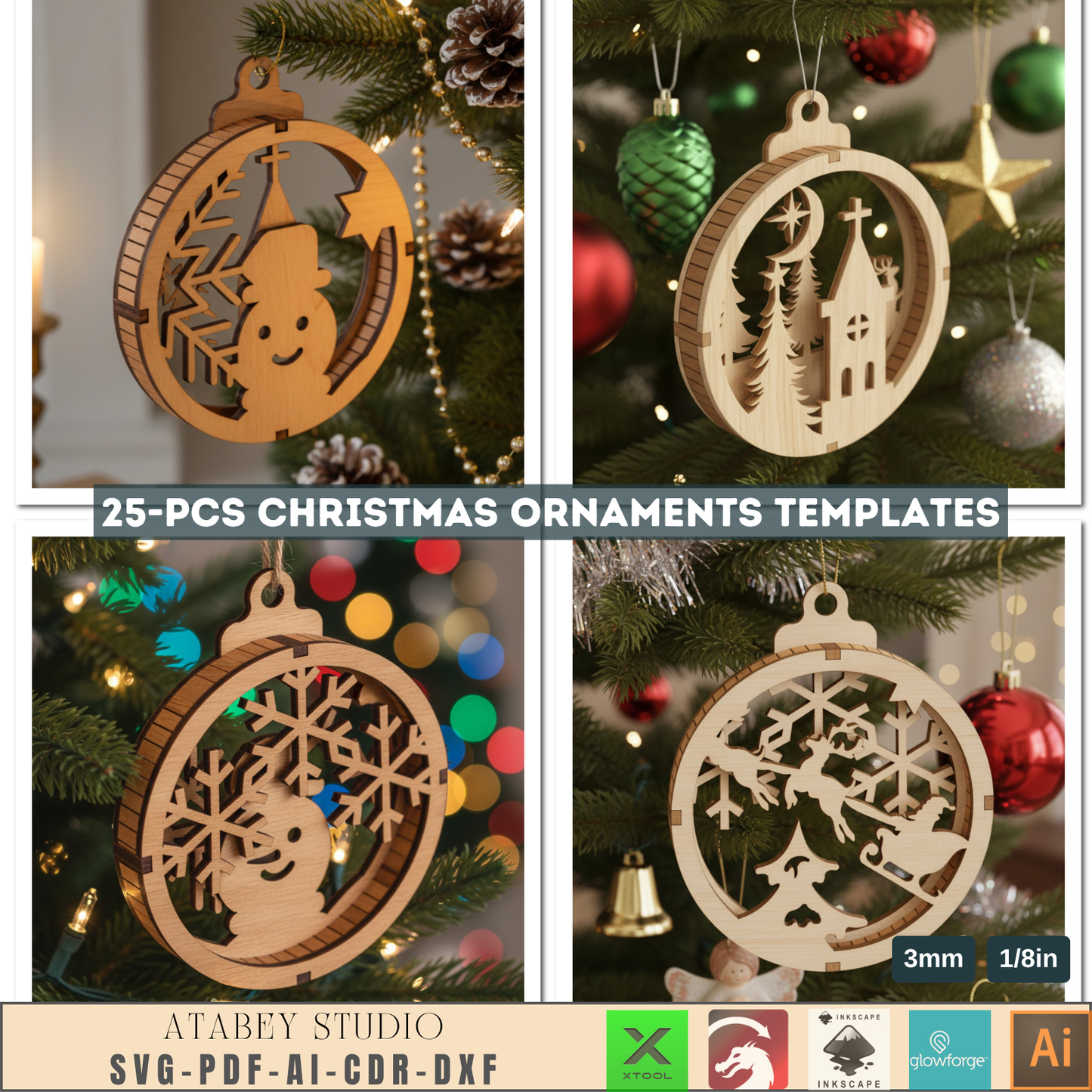 25 Christmas Ornament Templates for Laser Cutting | Round Xmas Bauble Designs | Holiday Tree Hanging Decor Craft Pattern