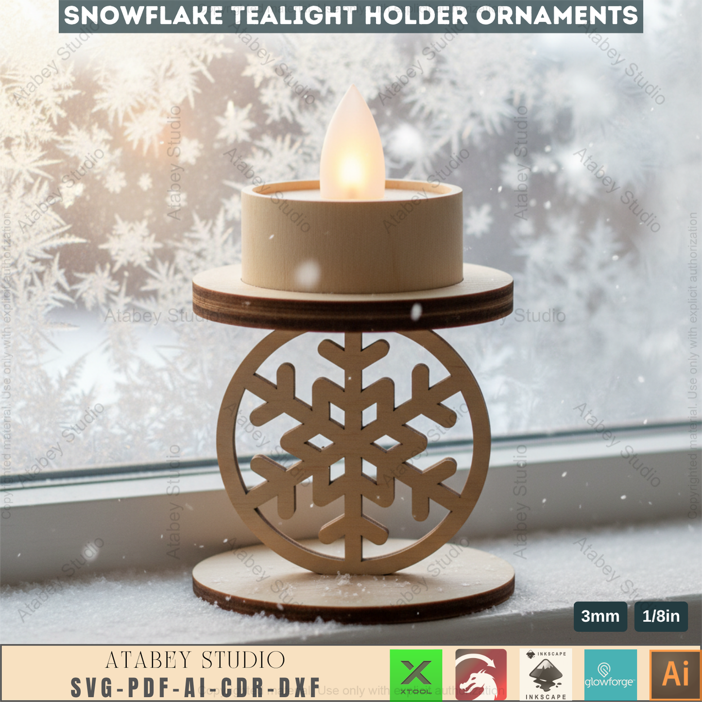 Winter Snowflake Tea Light Holder Set | Wooden Laser Cut Candle Stand Pattern | Christmas Ornament DIY Digital Craft Files 963