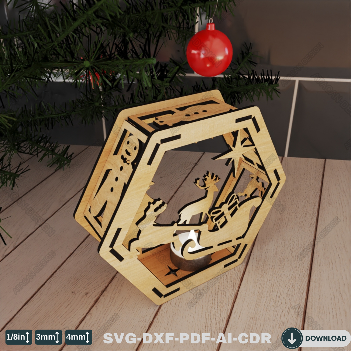 Christmas Hexagon Lantern - Laser Cut Wooden Candle Holder with Snowy Holiday Scenes 768