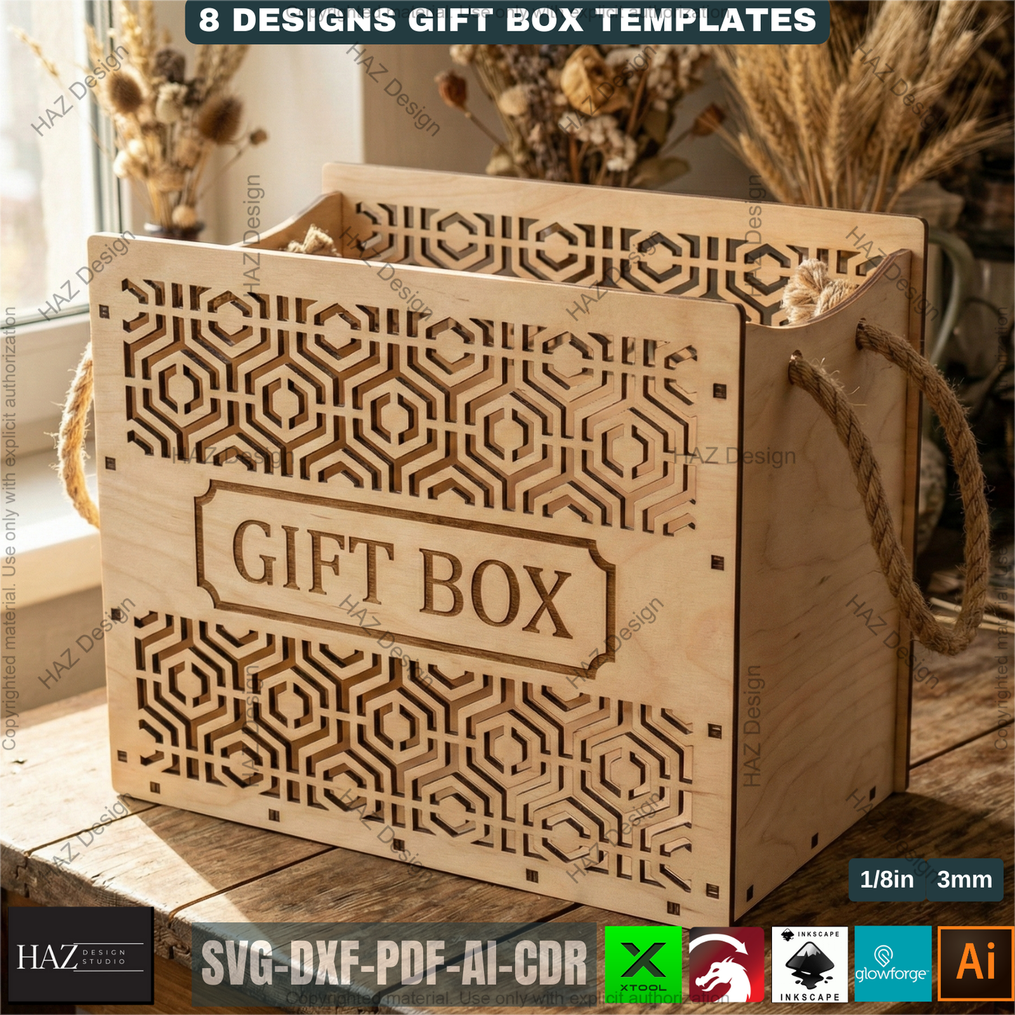 8 Laser Cut Gift Box Templates, Wooden Storage Crate Pattern, Decorative Plywood Basket, DIY Wedding Hamper, Laser Ready Cut Files 511