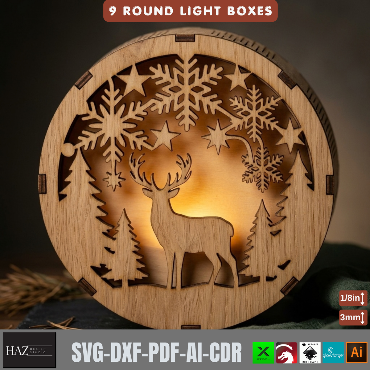 9 Round Christmas Light Box SVG Laser Cut Files – Tealight Holiday Decor