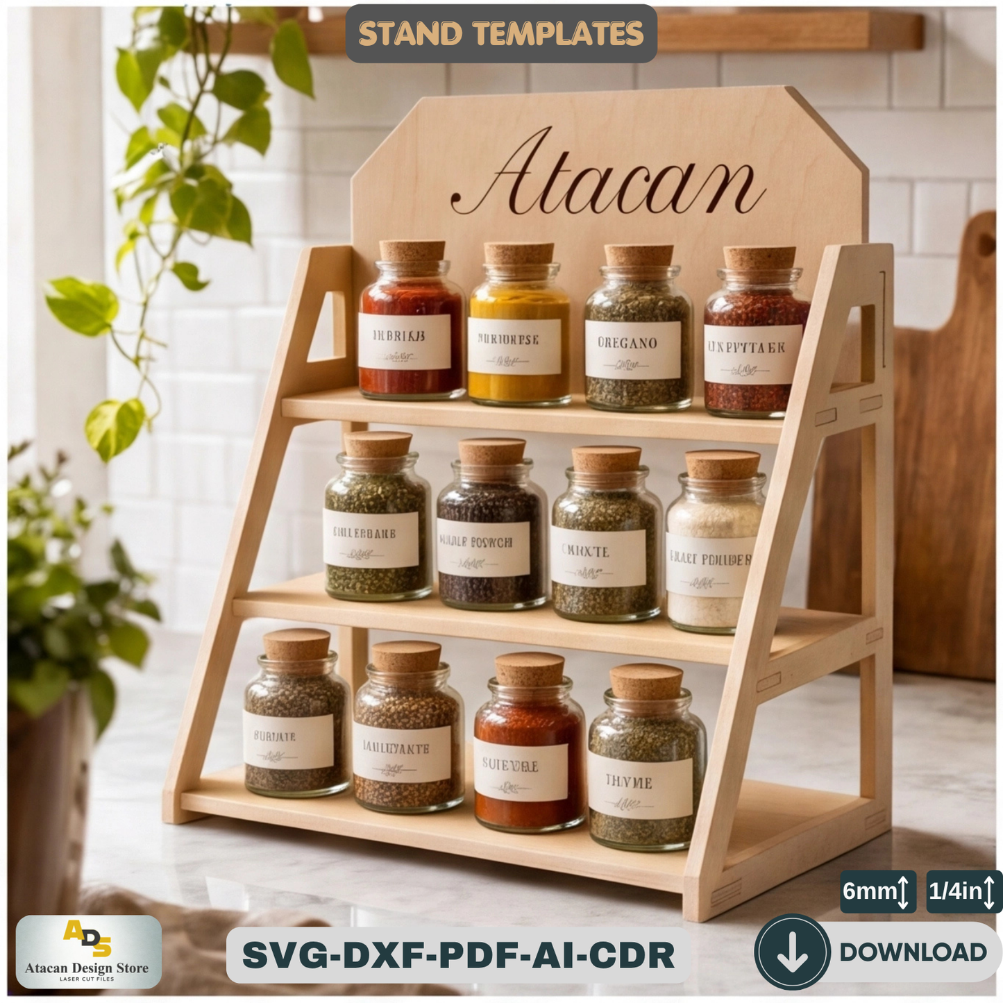 Tiered Spice Rack Laser Cut Template Kitchen Shelf Organizer Plan Tier Display Stand Plywood Design Maker Project