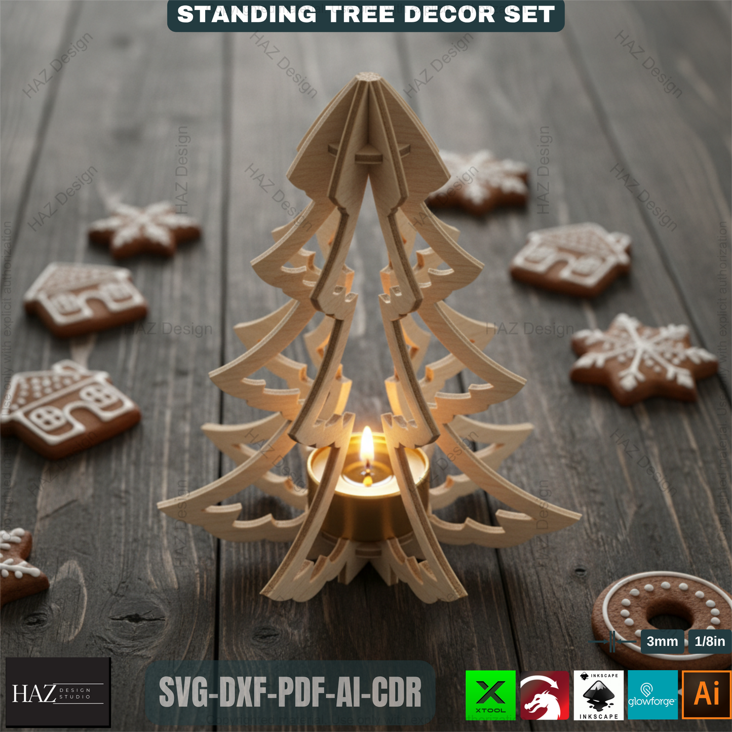 Christmas Tealight Tree Decor, Wooden Snowflake Table Lamp, DIY Laser Cut Holiday Gift, Unique Winter Centerpiece Craft 491