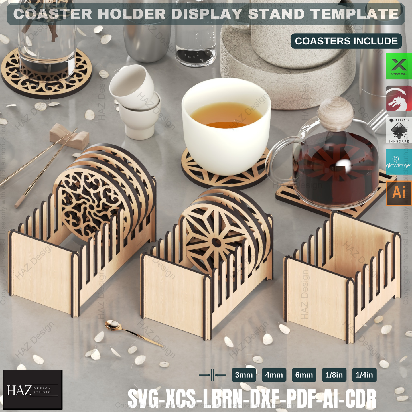 Laser Cut Coaster Set: 3 Holders + 6 Coaster Designs,Coaster Holder SVG Pack: Round & Square, Laser Ready 431
