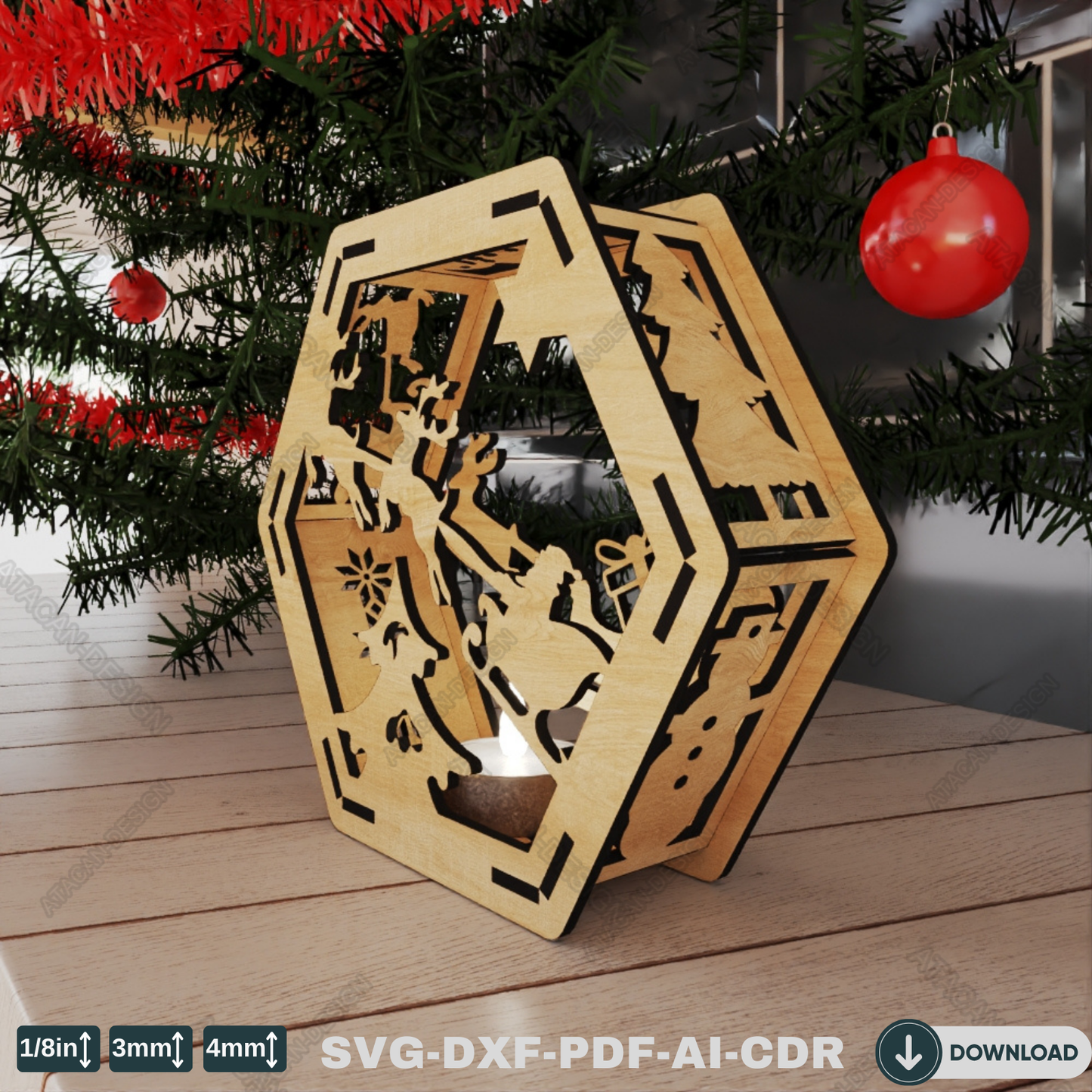 Christmas Hexagon Lantern - Laser Cut Wooden Candle Holder with Snowy Holiday Scenes 768