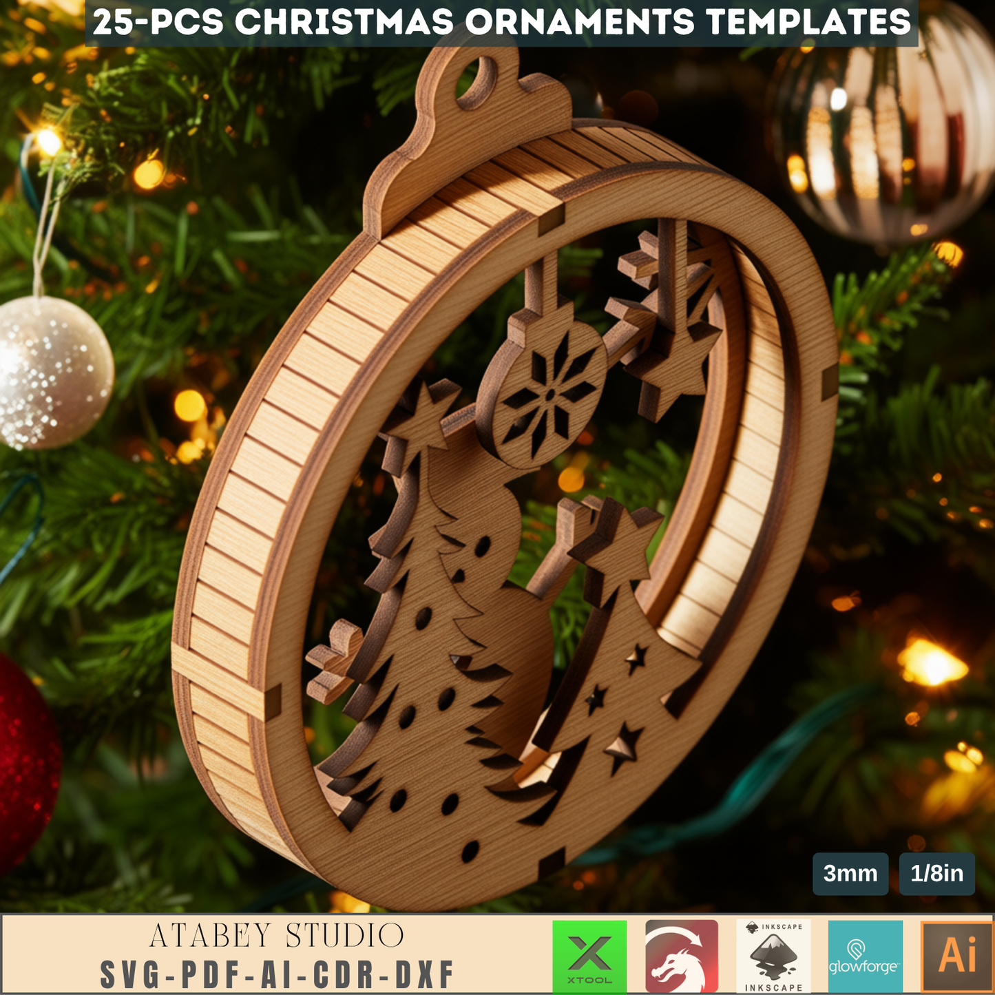 25 Christmas Ornament Templates for Laser Cutting | Round Xmas Bauble Designs | Holiday Tree Hanging Decor Craft Pattern