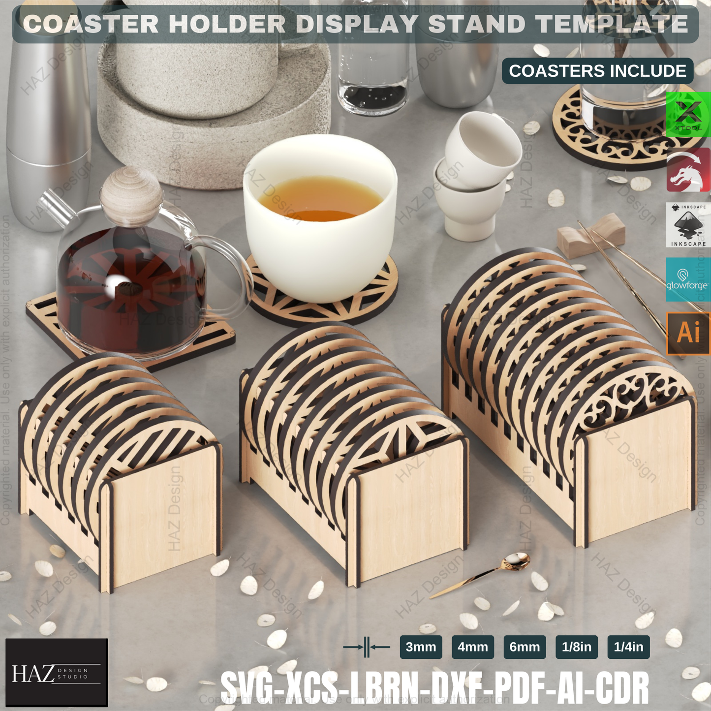 Laser Cut Coaster Set: 3 Holders + 6 Coaster Designs,Coaster Holder SVG Pack: Round & Square, Laser Ready 431