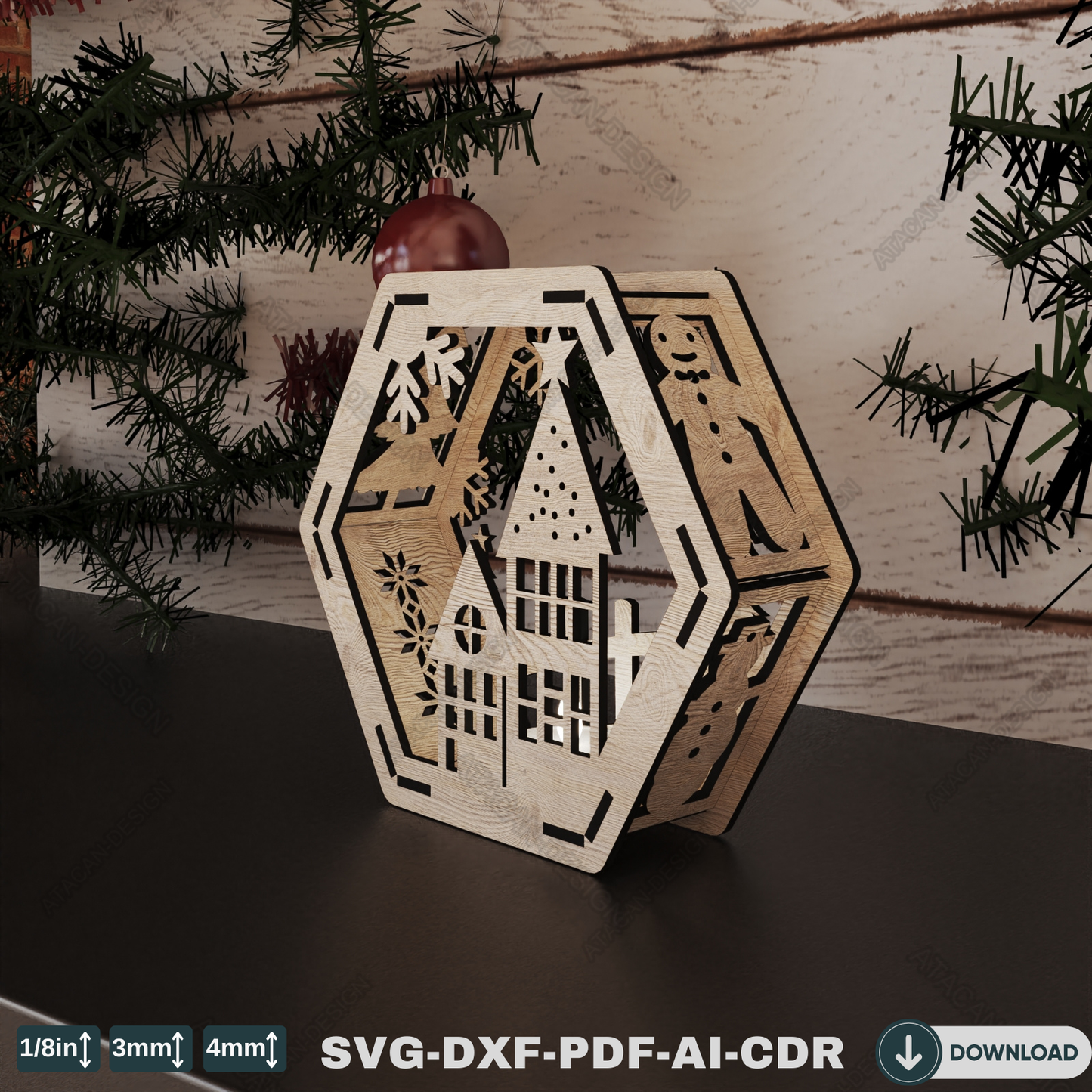 Elegant Winter Hexagon Lamp - Laser Cut Christmas Decoration and Christmas Candle Holder with Snowy Scene 769
