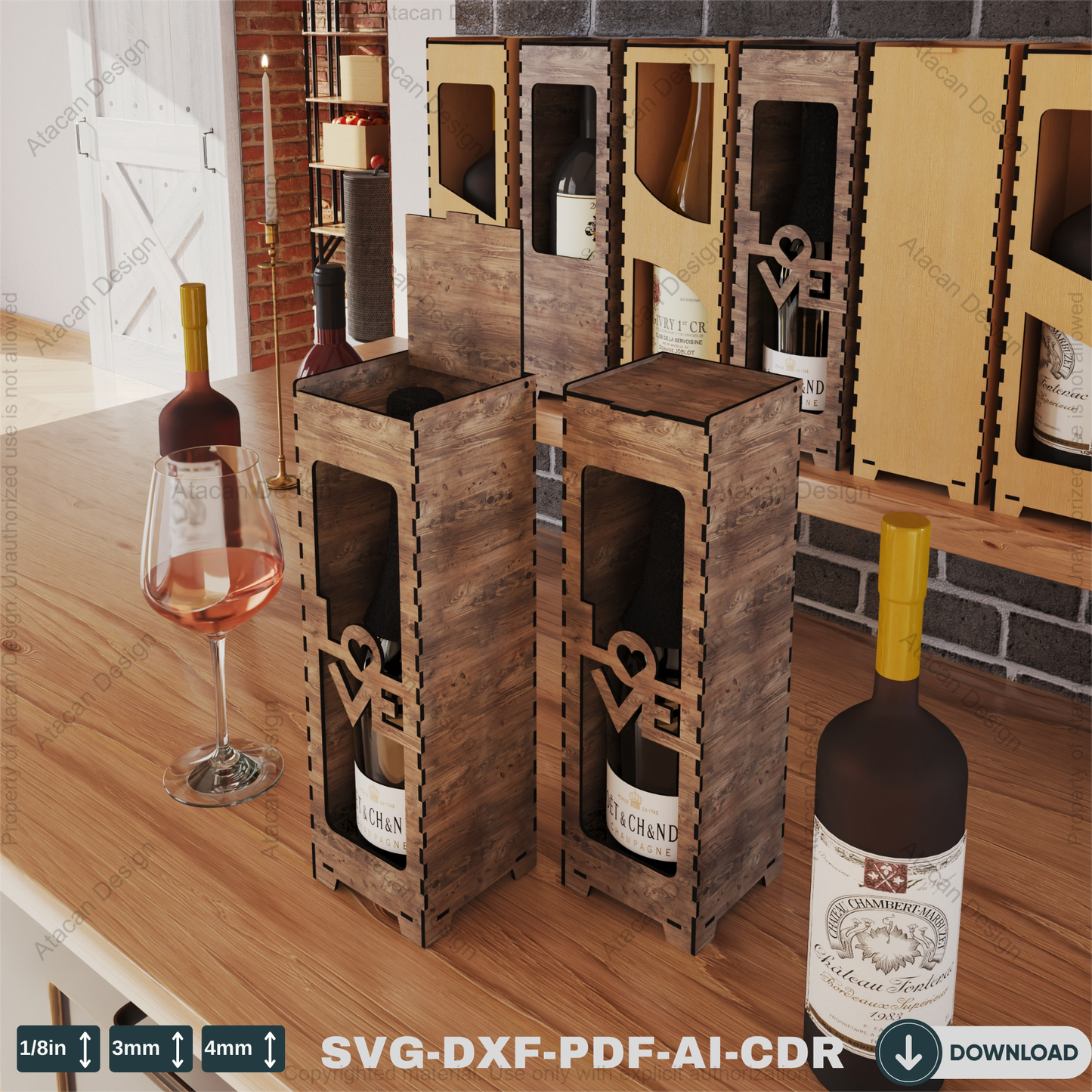 Laser Cut Wooden gift Box - Five Themed Wine Box Designs for Crafting Projects Elegant Wooden Wine Box 805