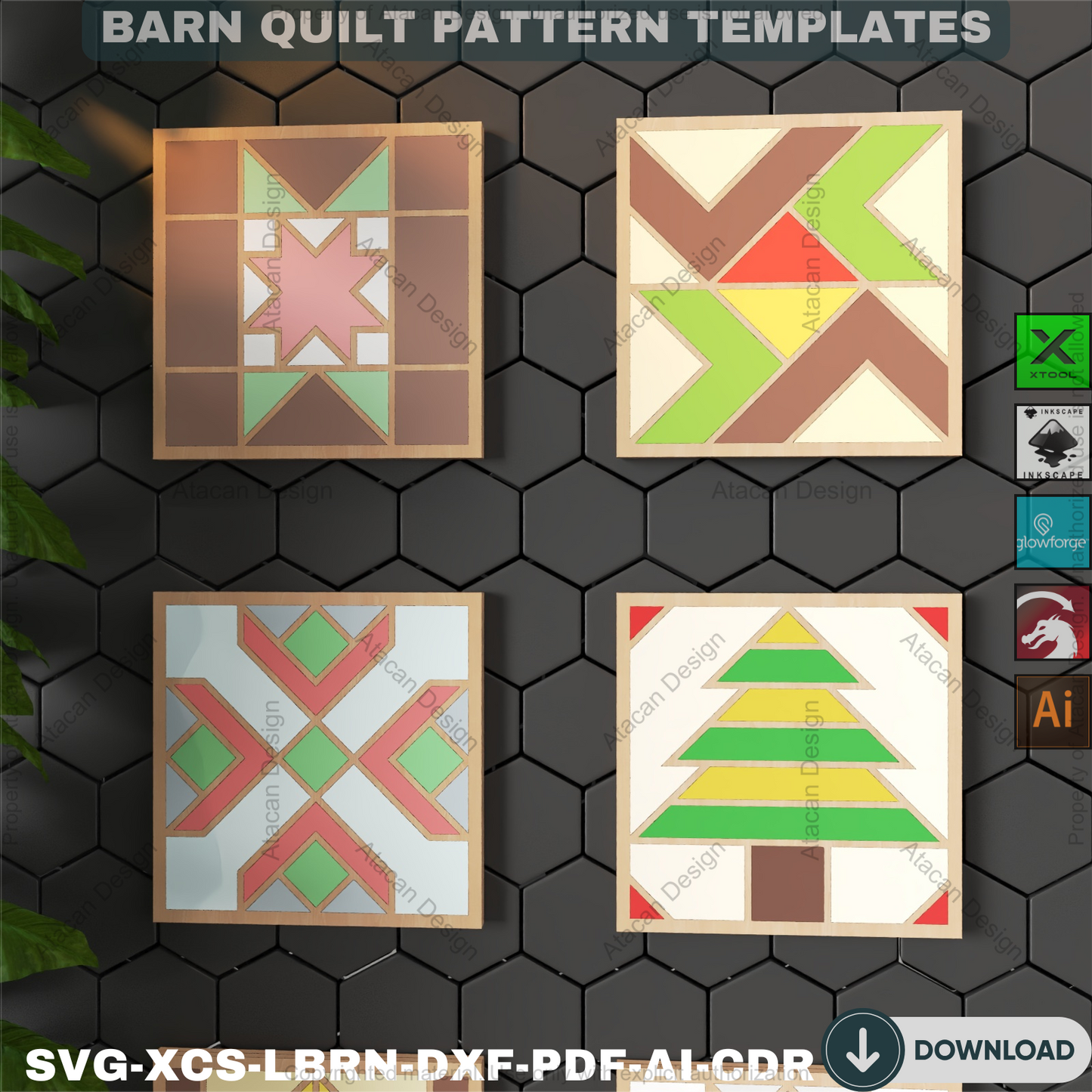Cozy Barn Quilt Block Designs • Farmhouse Laser Cut Holiday Decor • Rustic Wall Art & Coaster SVG Templates • DIY Craft Bundle 895