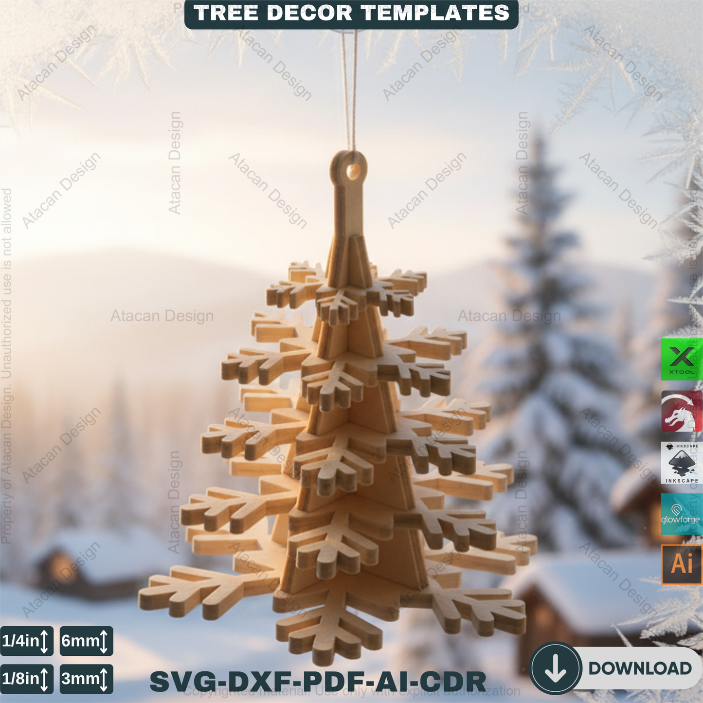 3D Christmas Tree Laser Cut File, Rustic Snowflake Holiday Decor, DIY Winter Tabletop Centerpiece for Glowforge & xTool 908