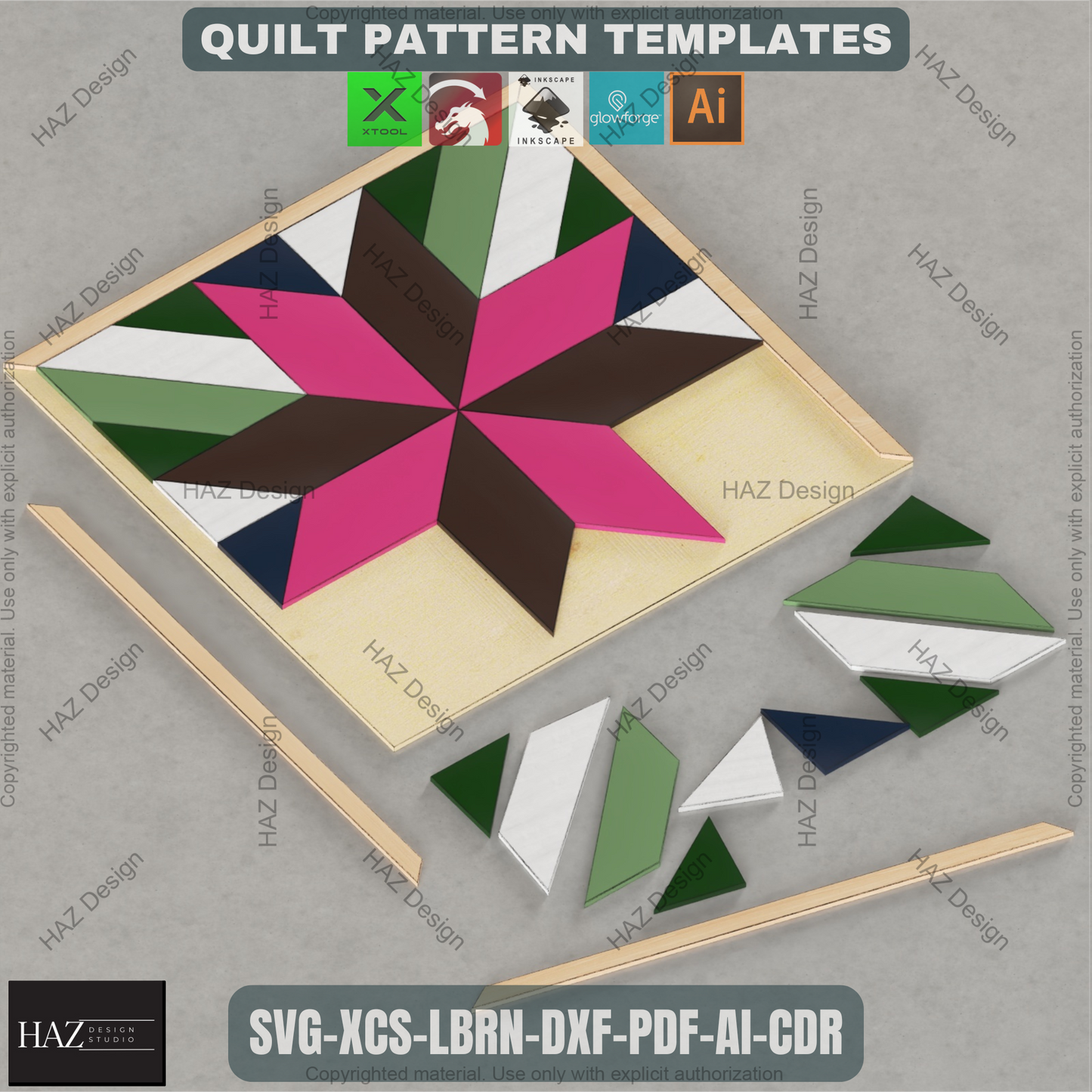Wood Quilt Block Pattern Pack, Geometric Wall Art SVG, Laser Ready Files for Farmhouse Decor, DIY Barn Quilt Craft Project Bundle 461