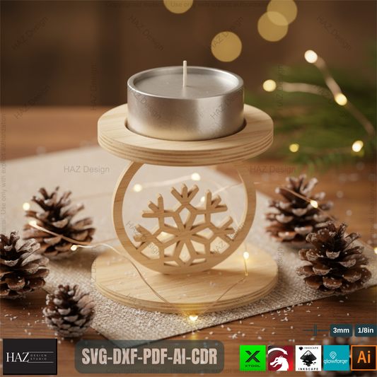 Standing Snowflake Tealight Holders, 3D Wood Laser Cut Ornament Template, DIY Christmas Candle Holder SVG Files