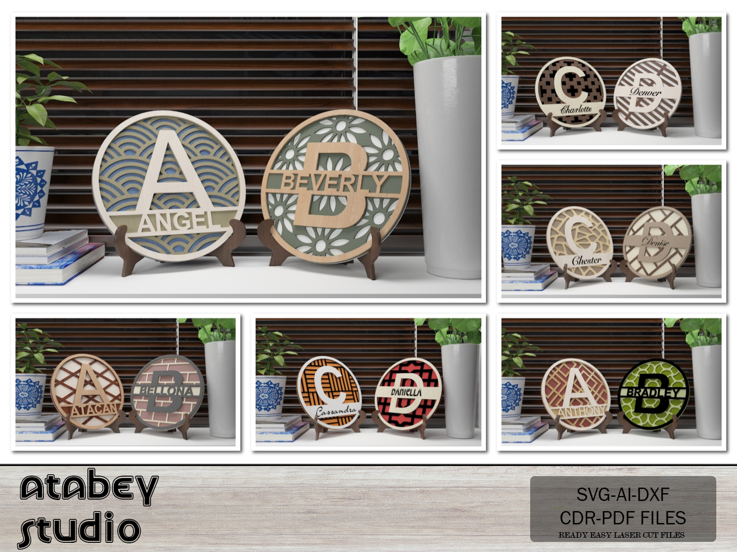 Personalized Monogram Split Letters - Custom Round Frame Name Signs with Intricate Patterns 719