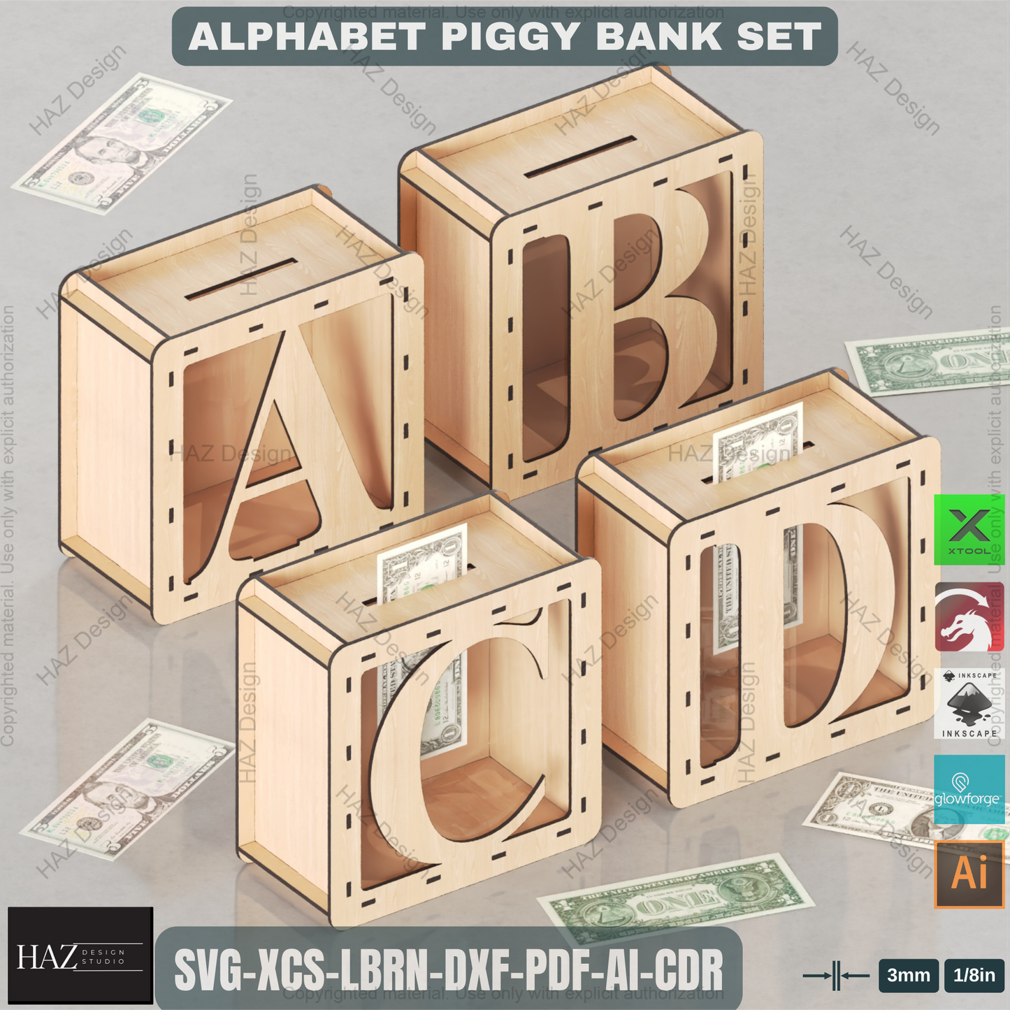 Alphabet Piggy Bank Laser Files | A-Z Letter Money Box Set | DIY Kids Gift & Nursery Decor Plan 446
